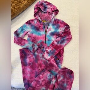 Aviator Nation tie dye Fuchsia, aqua and purple sweatsuit set.